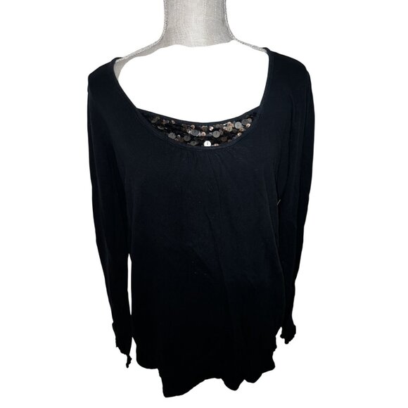 Esprit Womens Black Sequin Scoop Neck Long Sleeve Top L - Picture 1 of 9